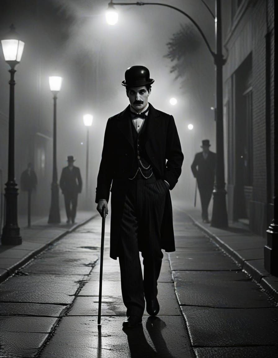 Classic Charlie Chaplin in Foggy Nighttime Scene