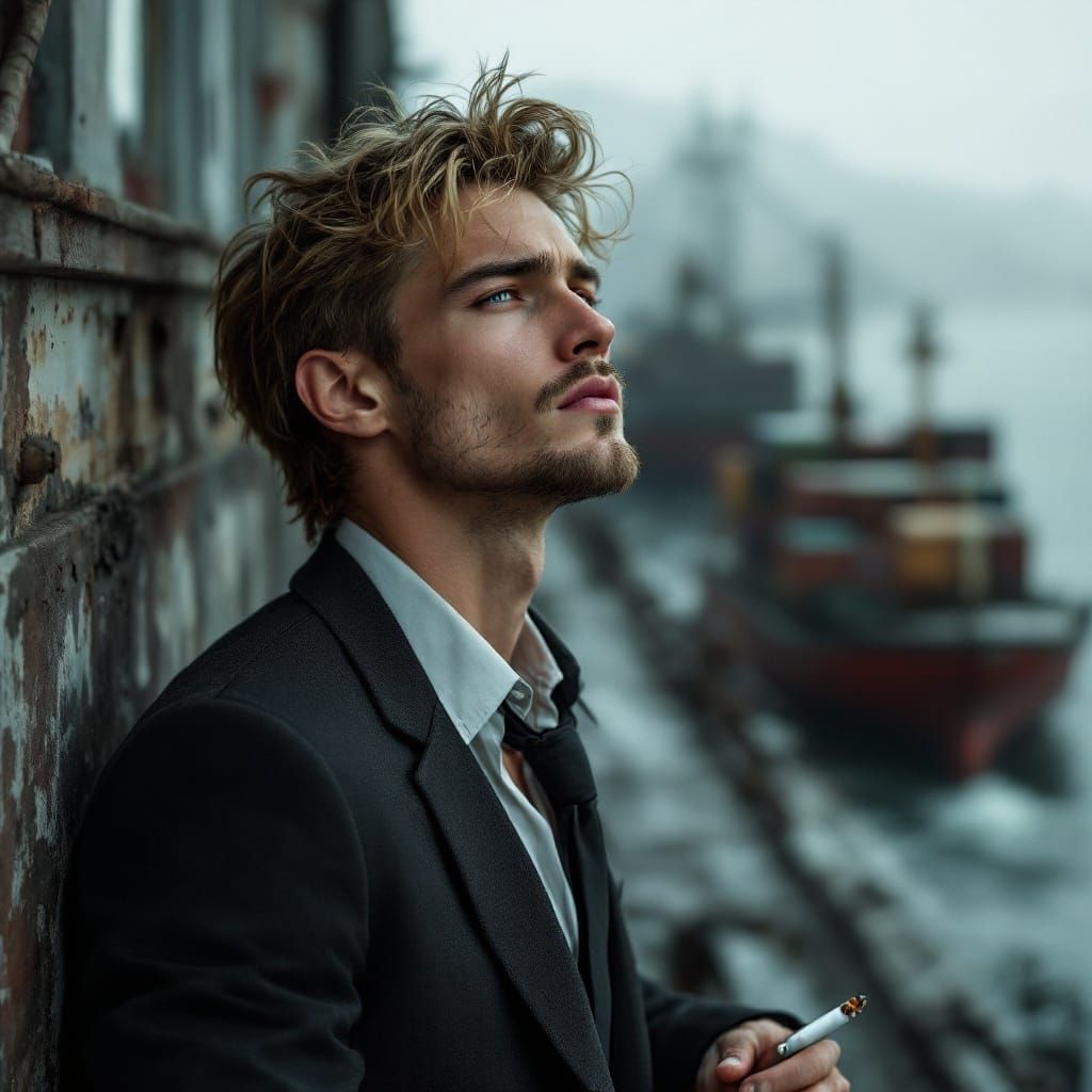 Elegant Man Leans on Weathered Seawall, Seaport Backdrop