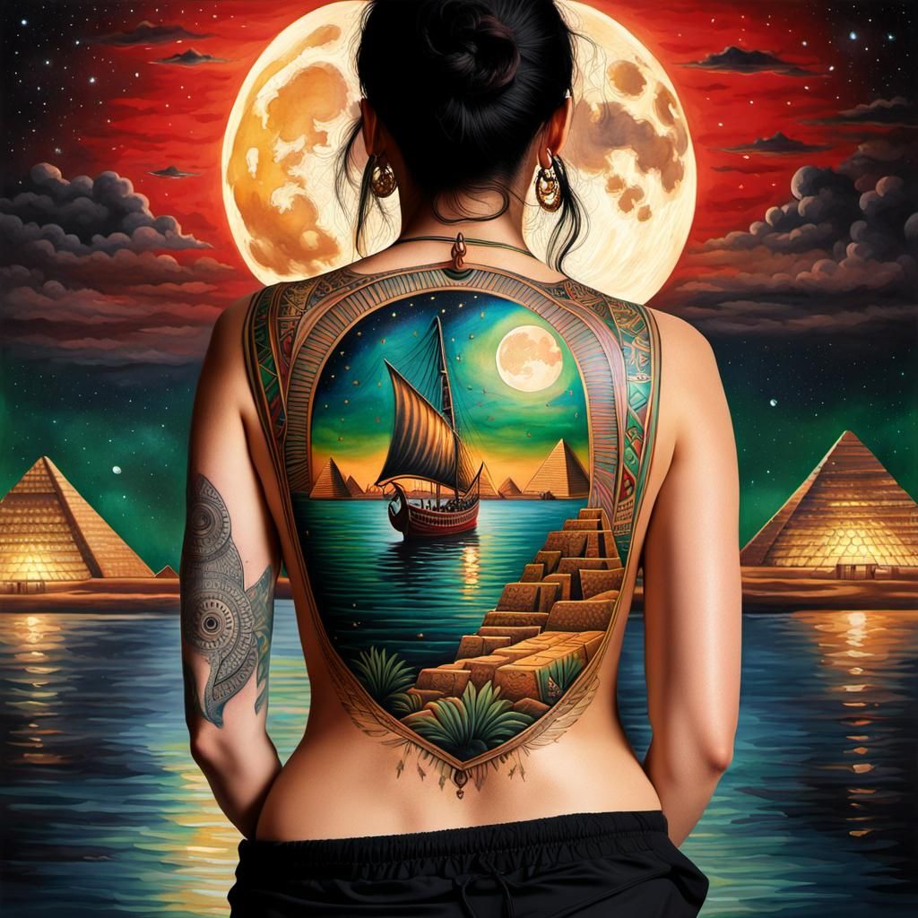 A hyper-realistic oil painting depicting a detailed tattoo design on a woman's back.