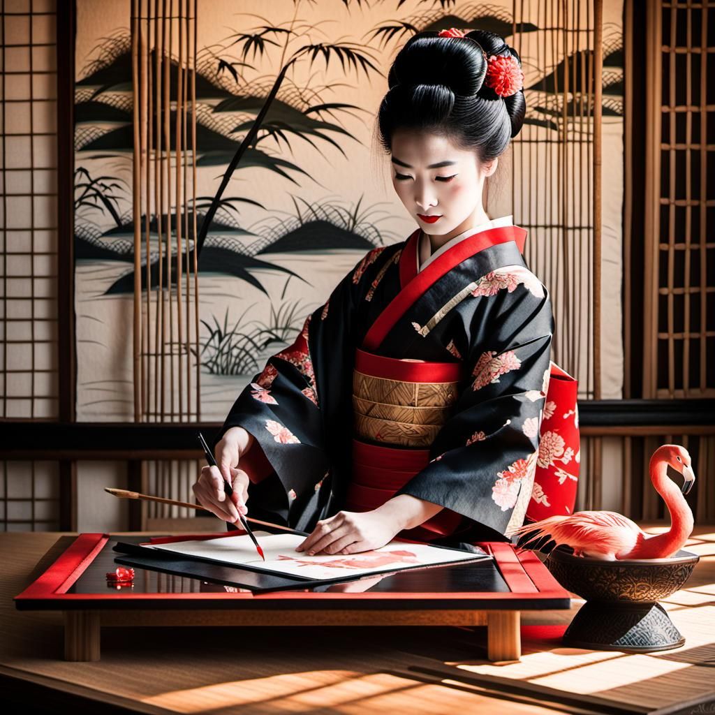 Elegant Geisha Calligraphy in Cinematic Japanese Style