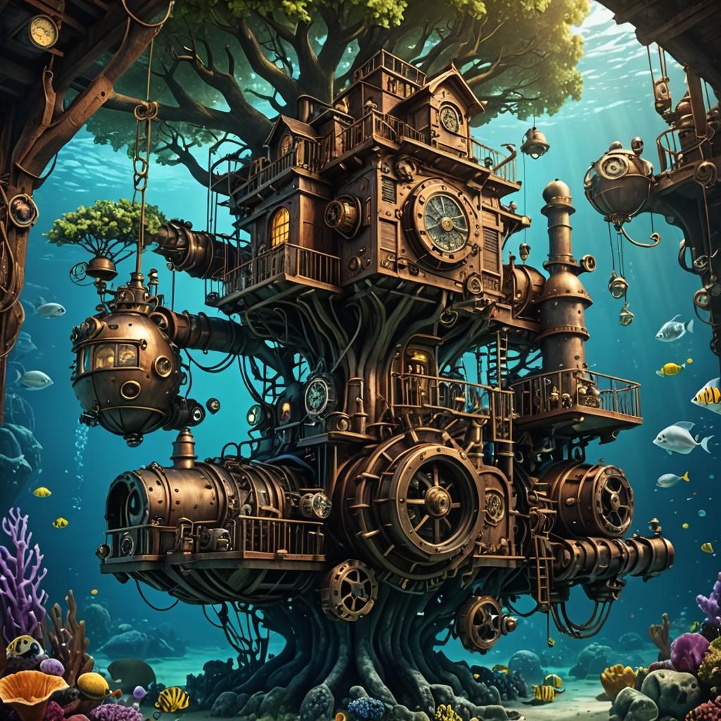 Steampunk Underwater Treehouse with Sea Life