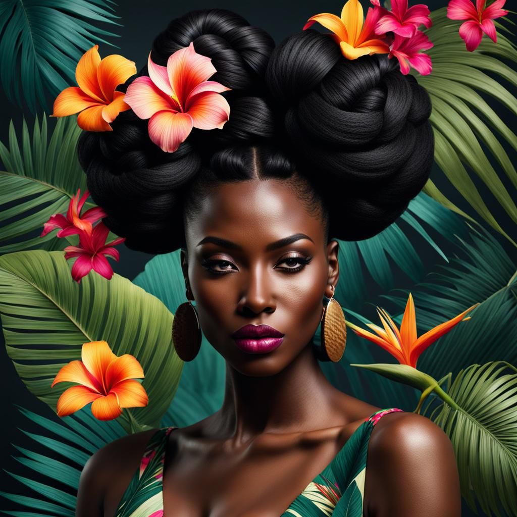 African Woman with Flowers in Photorealistic Style