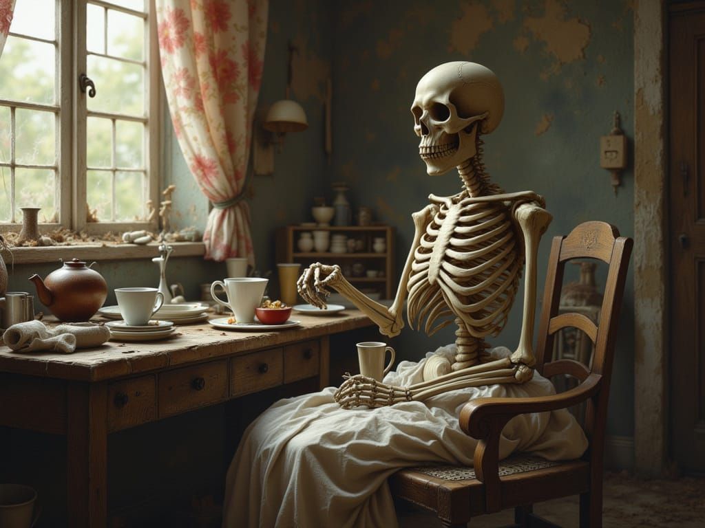 Skeletal Woman Drinks Coffee in Dim Kitchen