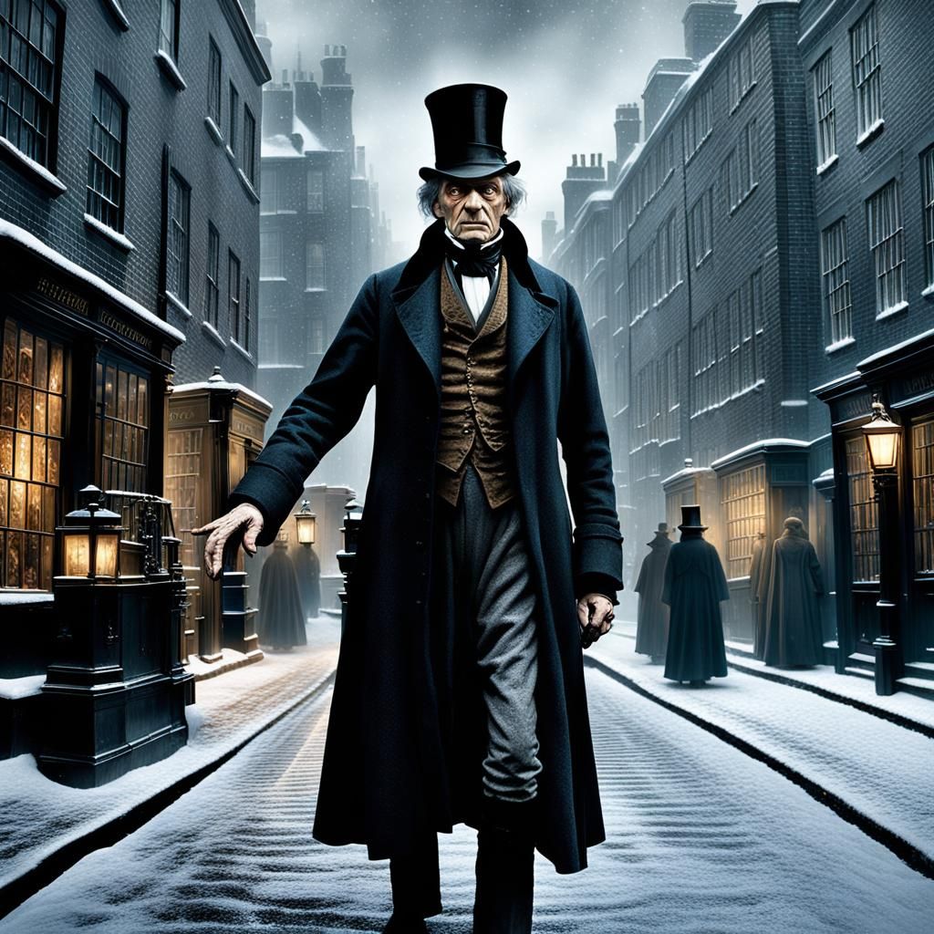 Ebenezer Scrooge in Victorian London, Detailed Matte Paintin...