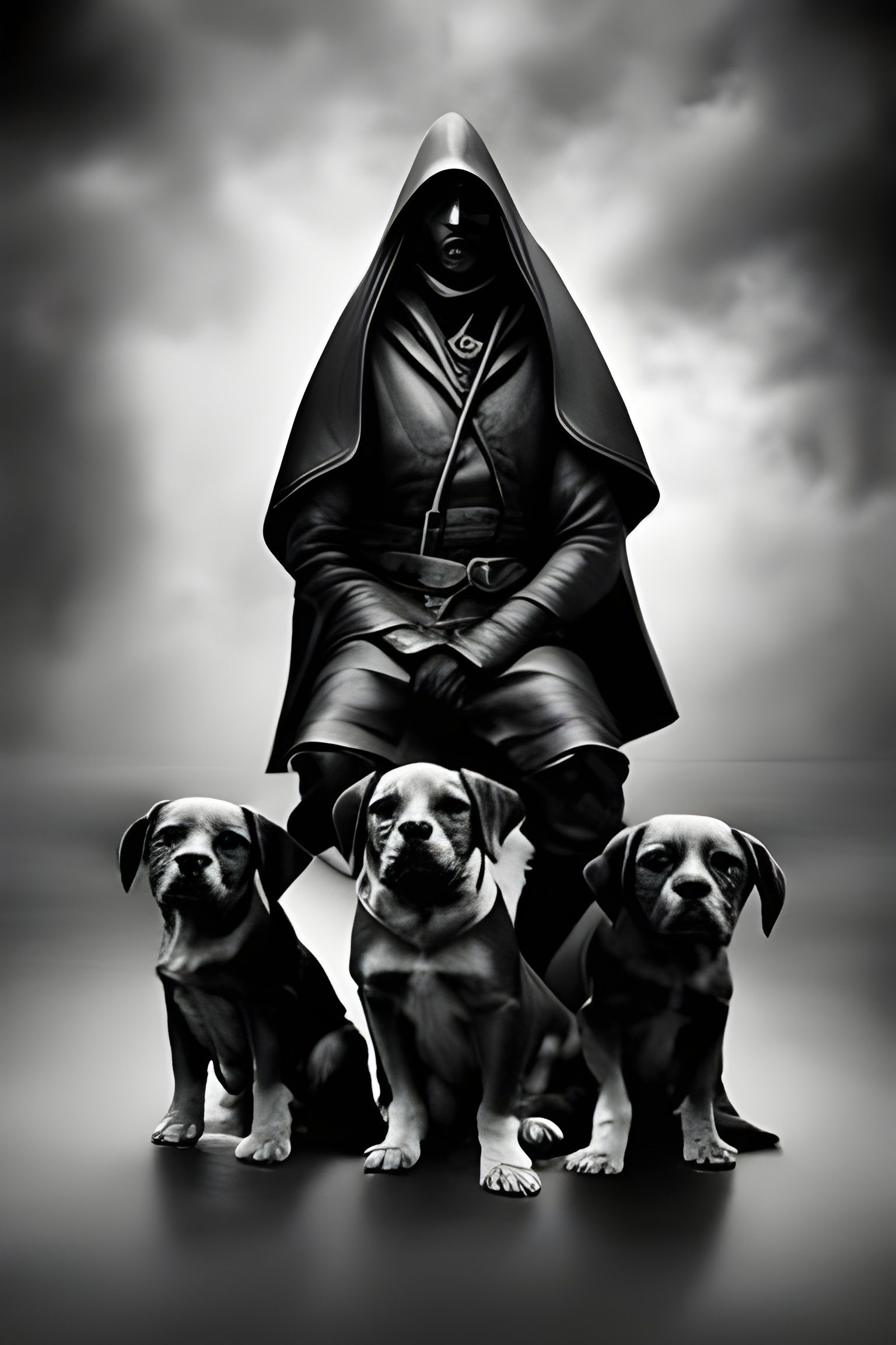 Gothic Dog God with Puppies: Black and White Photo