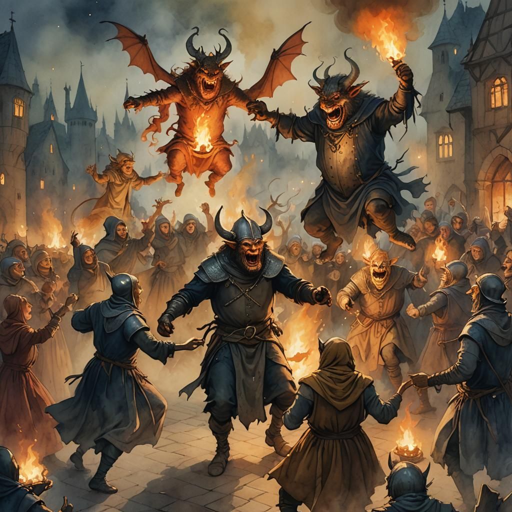 Medieval Party with Fire Demons in Watercolor Style