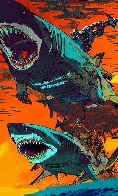 Shark Warrior Robot in Graphic Novel Style