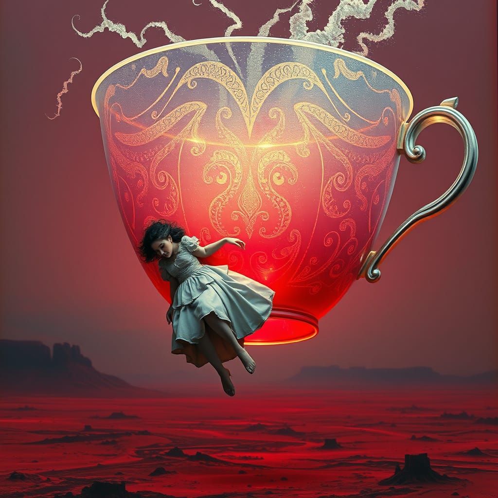 Ethereal Maid Suspended in Glowing Teacup