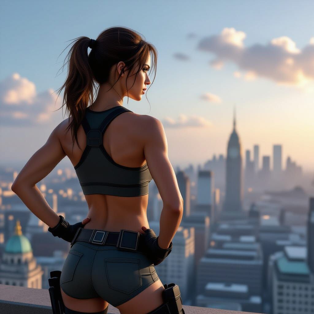 Lara Croft Overlooking London: Confident Explorer