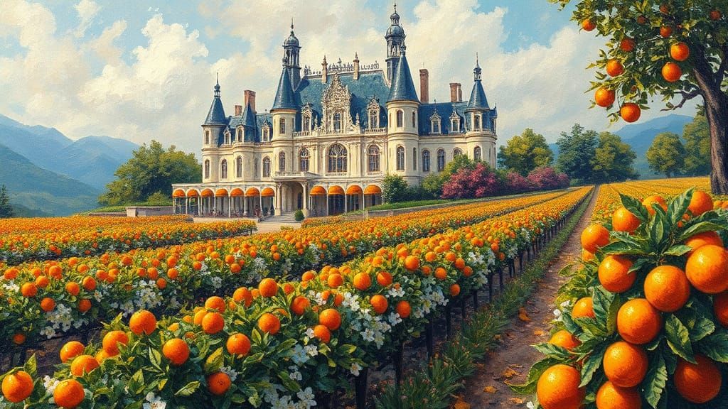 Luxury Chateau and Orange Farm in Neo-Impressionism Style