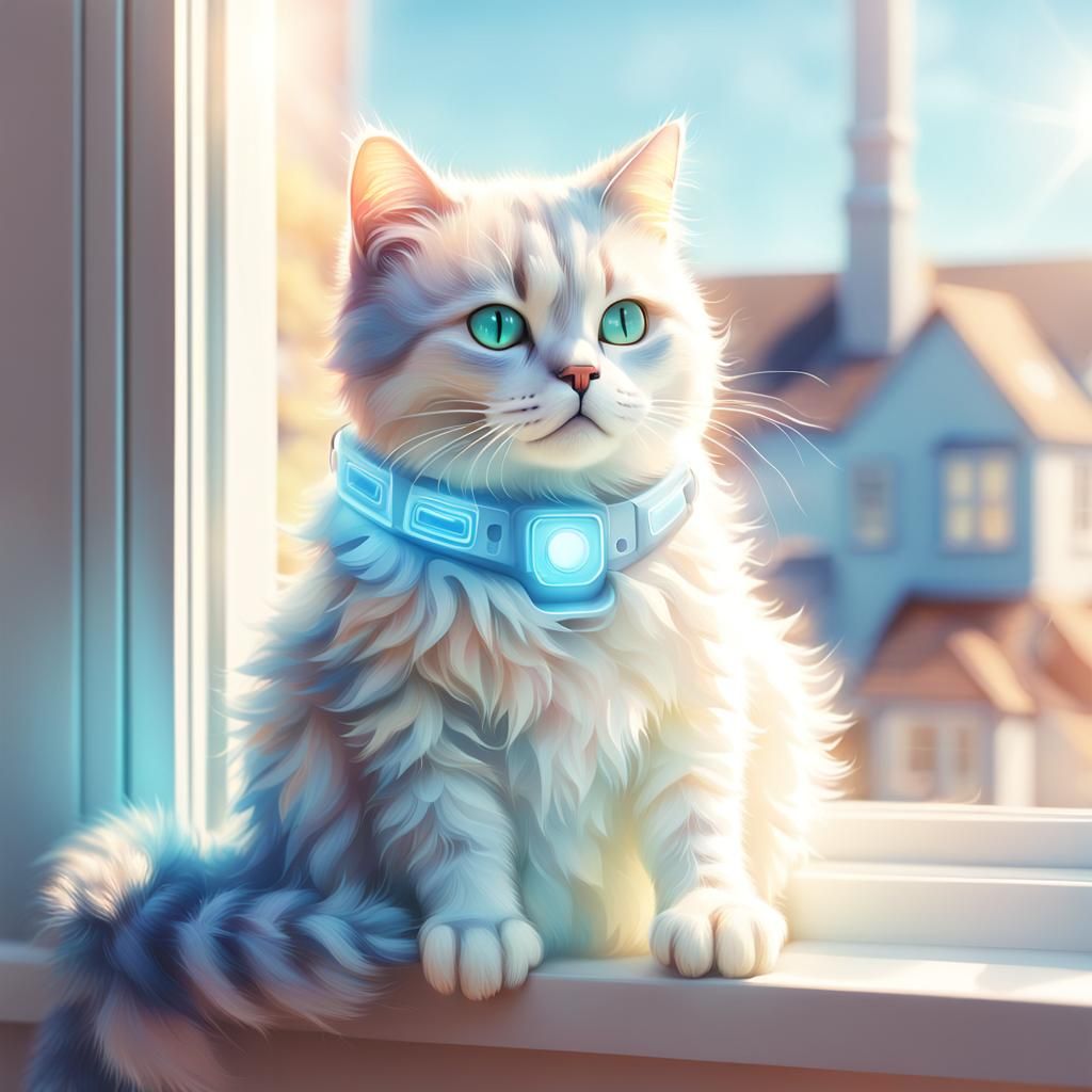 Whimsical Robot Cat Basks in Soft Sunlight