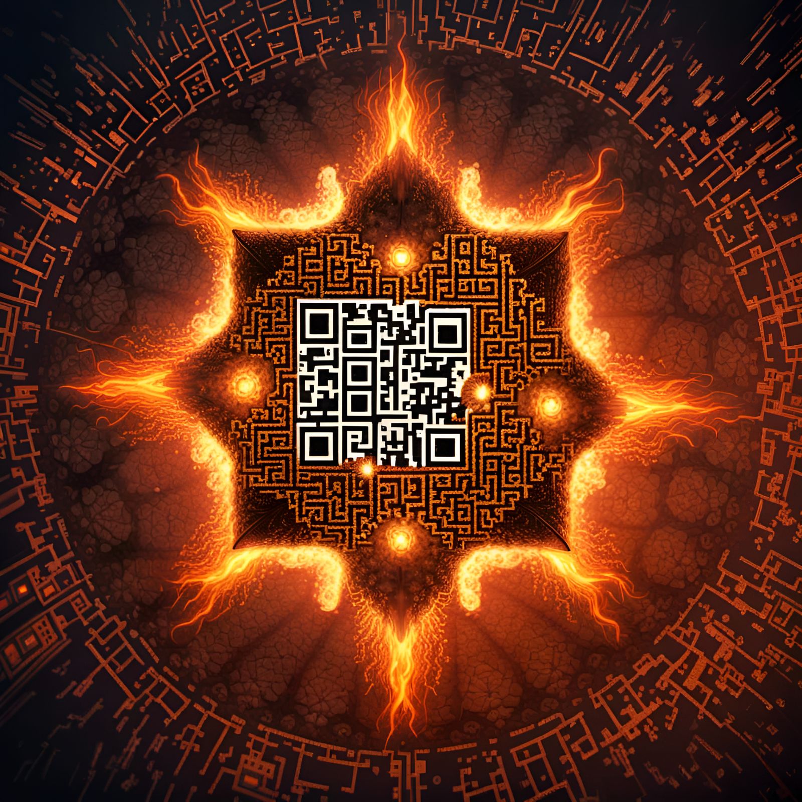 exploding QR code on fire mandala