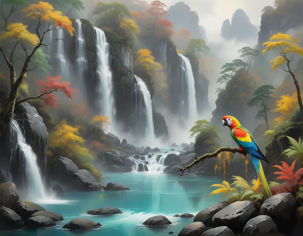 Lush Landscape Painting with Colorful Parrot