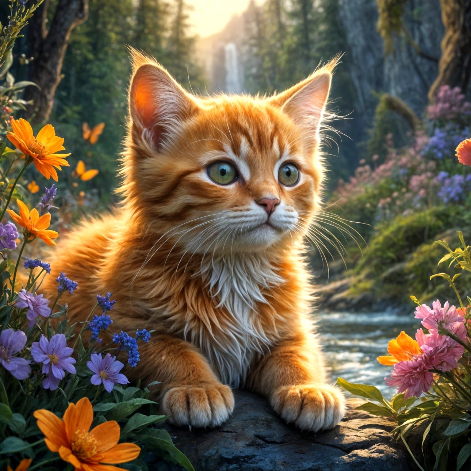 Kitten Rides Raven in Whimsical Fauvist Landscape