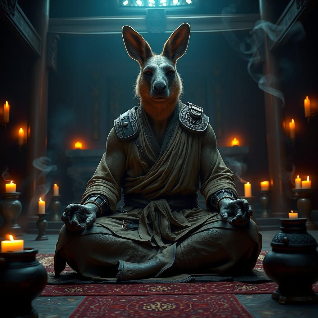 Warrior Kangaroo Monk Meditates in Golden Buddhist Temple