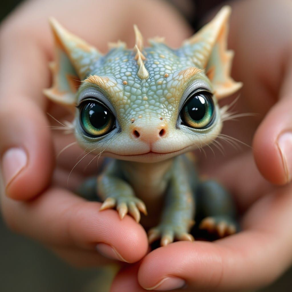 Cute Little Pocket Dragon in Gentle Hands