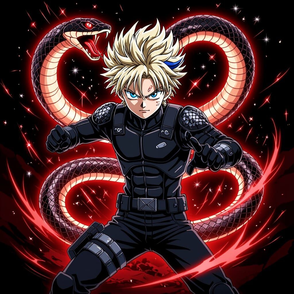 Anime Warrior Giles with Fiery Aura and Energy Snake