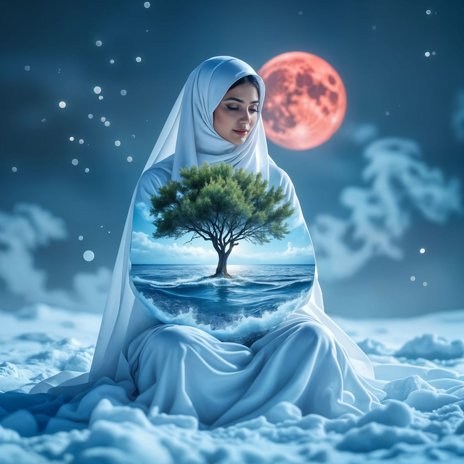 Palestinian Woman Double Exposure: Ice, Olive Tree, Sea