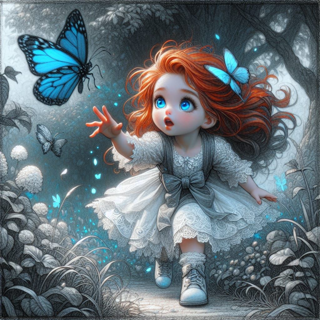 Girl Watching Butterfly in Gritty Fantasy Scene