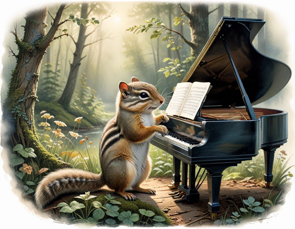 Chipmunk Pianist in Forest Clearing, Watercolor Art