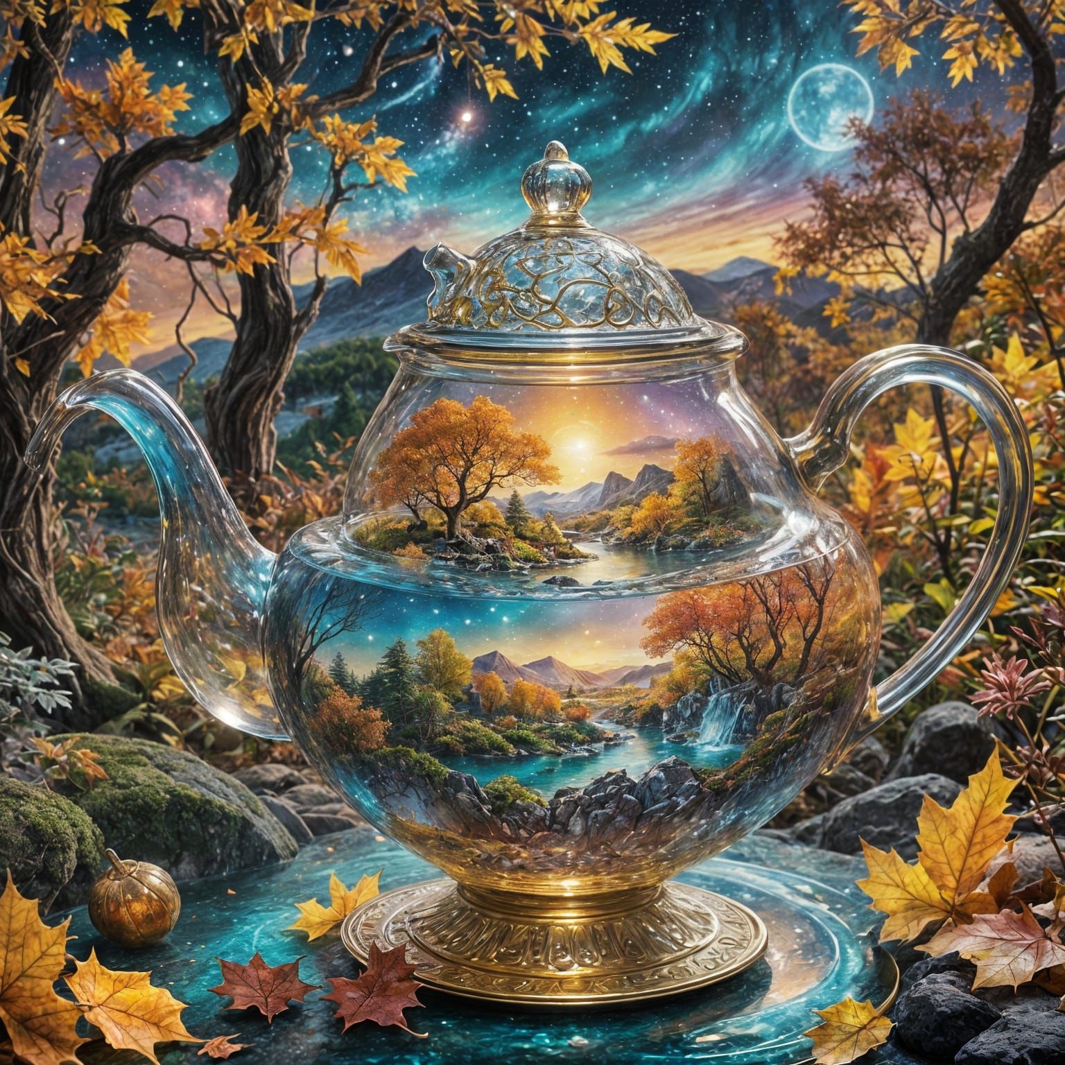 Starlit Autumn Landscape Pouring from Teapot