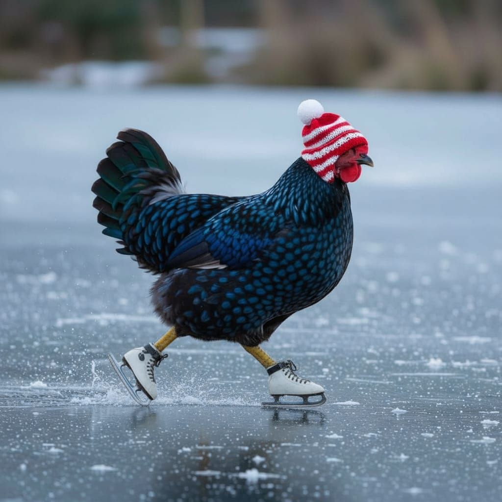 Blue Hen Skates Across Frozen Irish Pond