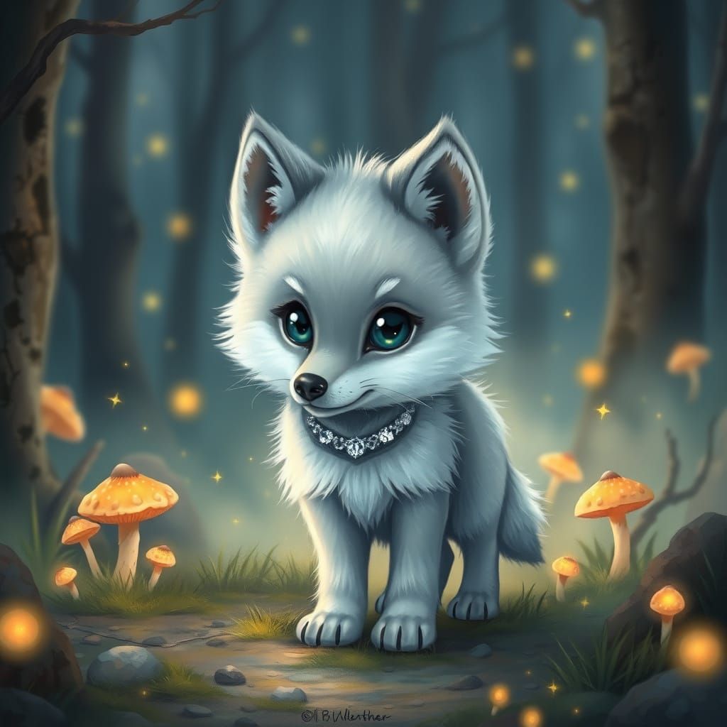 Mystical Baby Wolf in Moonlit Forest