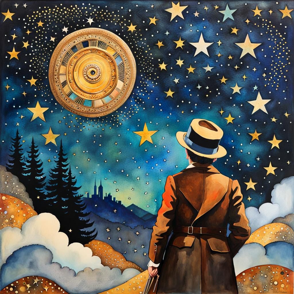 Chaplin in Starry Sky, Mixed Media Collage
