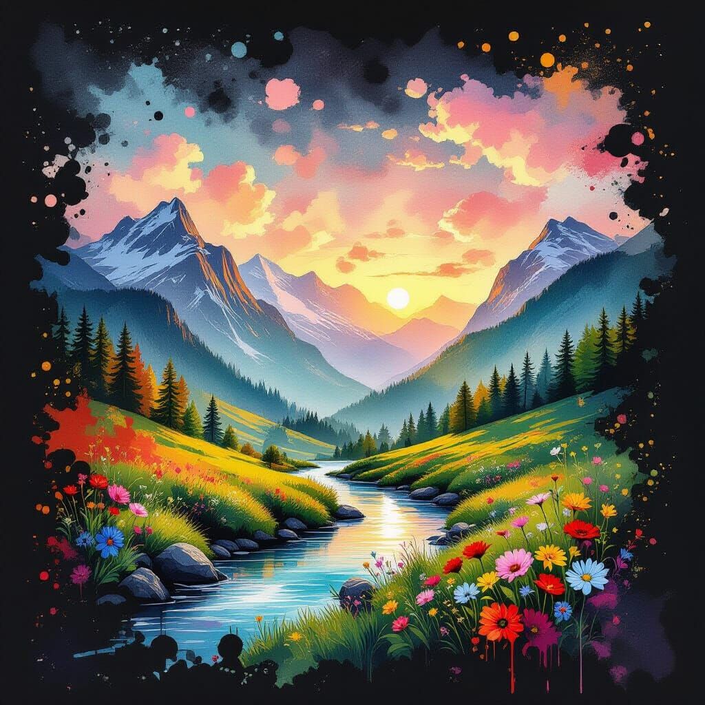 Vibrant Mountain Valley in Watercolor Double Exposure