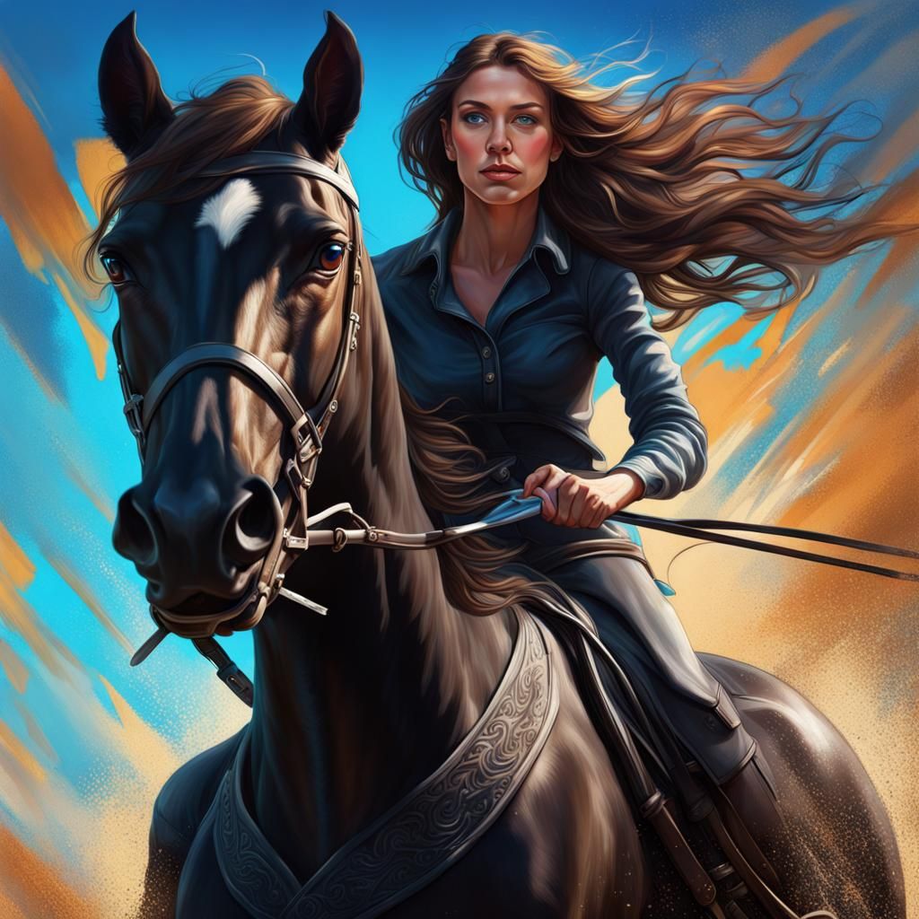 Woman Riding Black Horse in Hyperrealistic Splash Art