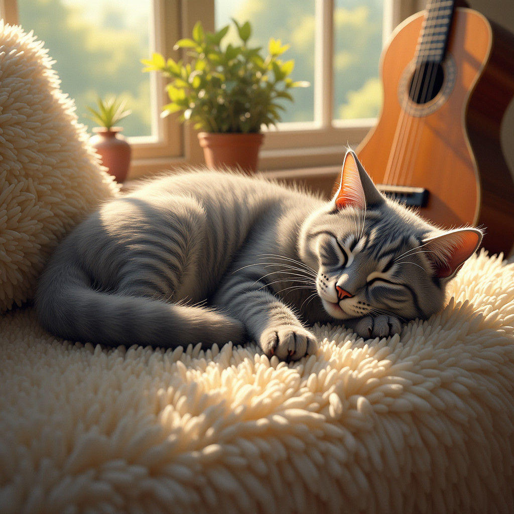 Sleeping Cat in Sunlit Room: Dreamy Art
