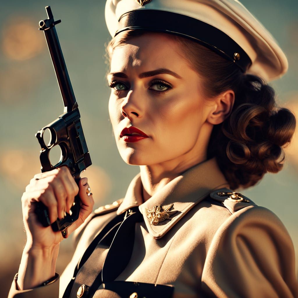 Female Marine in Dress Blues with Pistol, Retro Film