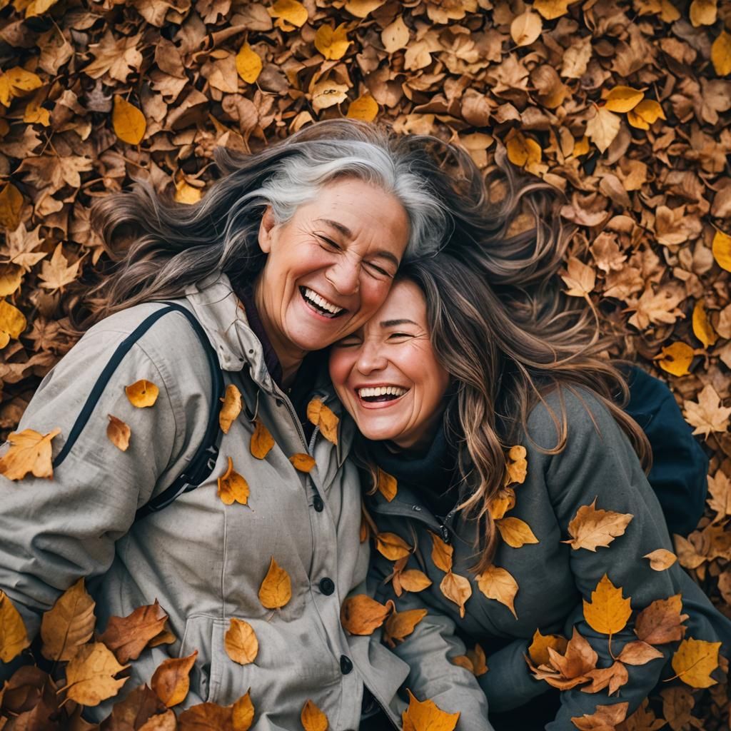 Two Women Share Joyful Laugh in Autumn Leaves