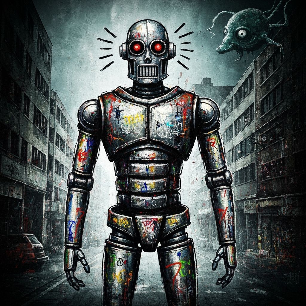 Graffiti Robot Art with Surreal Horror Elements