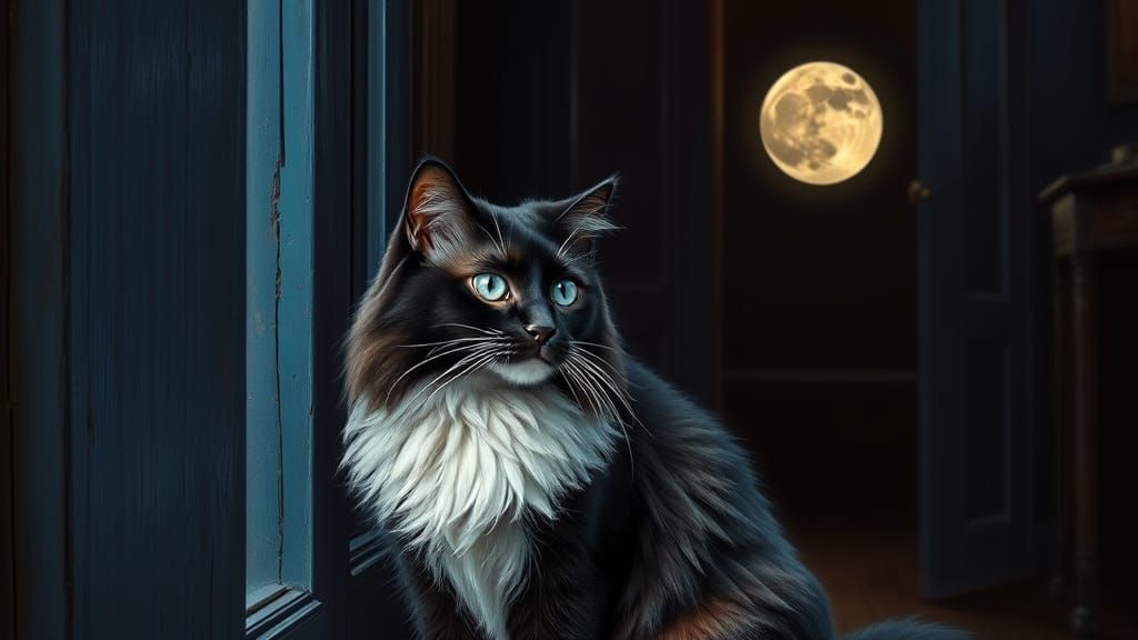 Black and White Cat Gazing at Moon, Fantasy Oil Painting