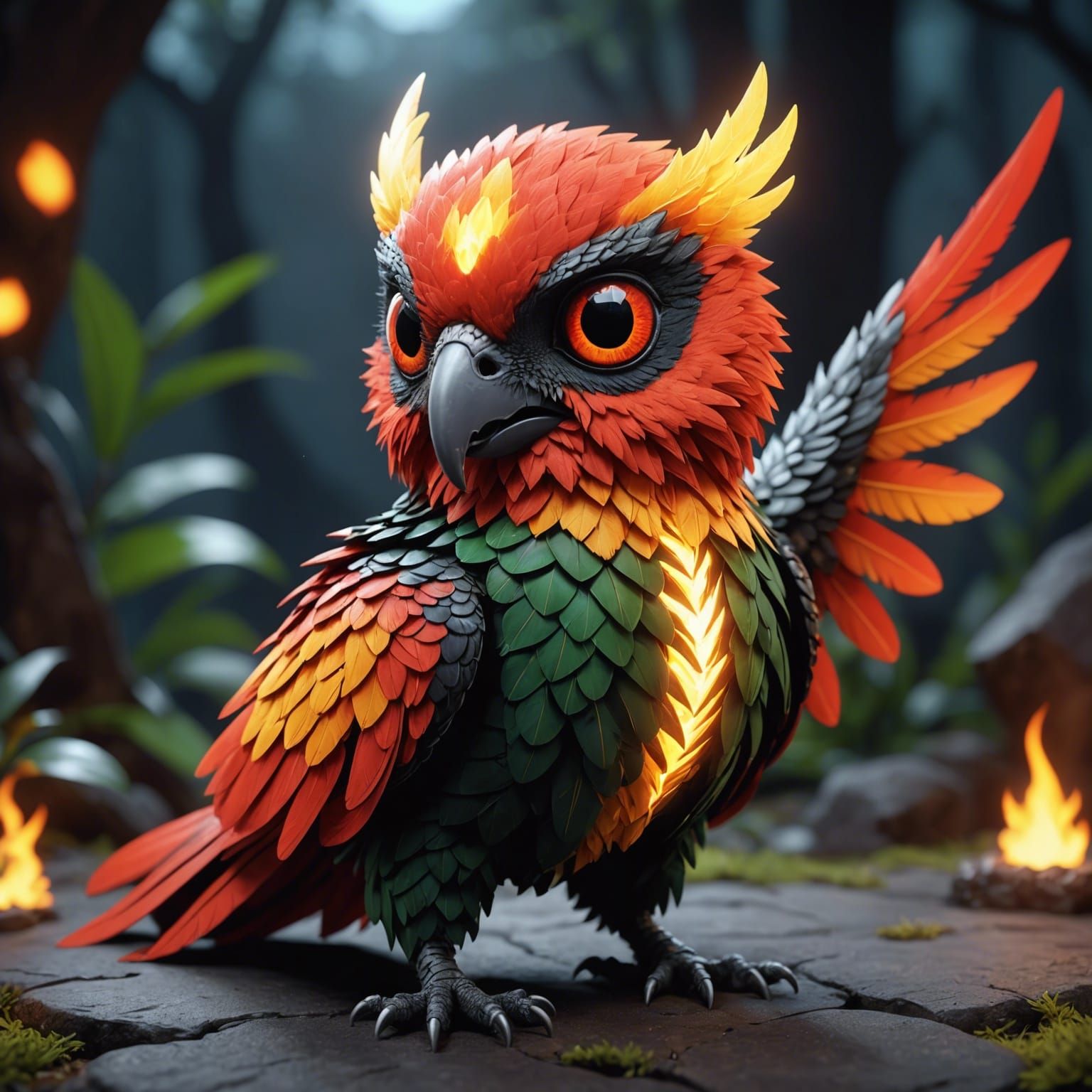A chibi red-white-black eye conure dragon owl