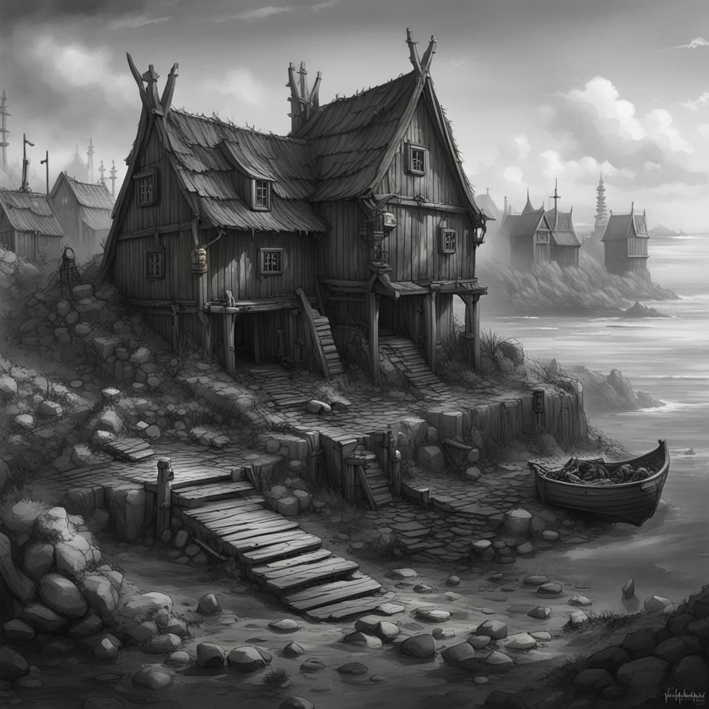 Ruined Nordic Village in Black and White Style