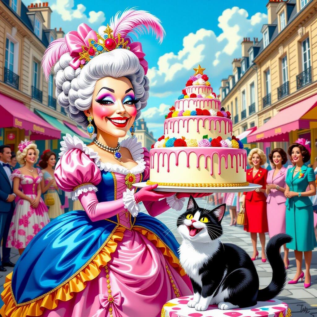 Marie Antoinette with Giant Cake, Cartoon Style
