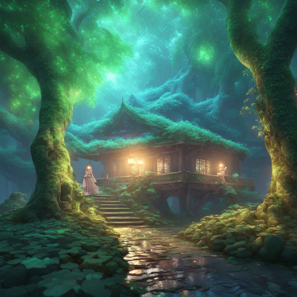 Surreal Anime Dryad Girl in Bioluminescent Forest at Night