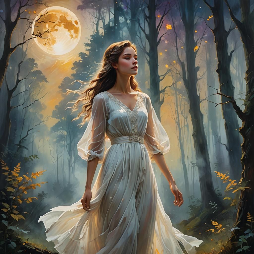 Ethereal Woman in Misty Forest: Vibrant Oil Painting