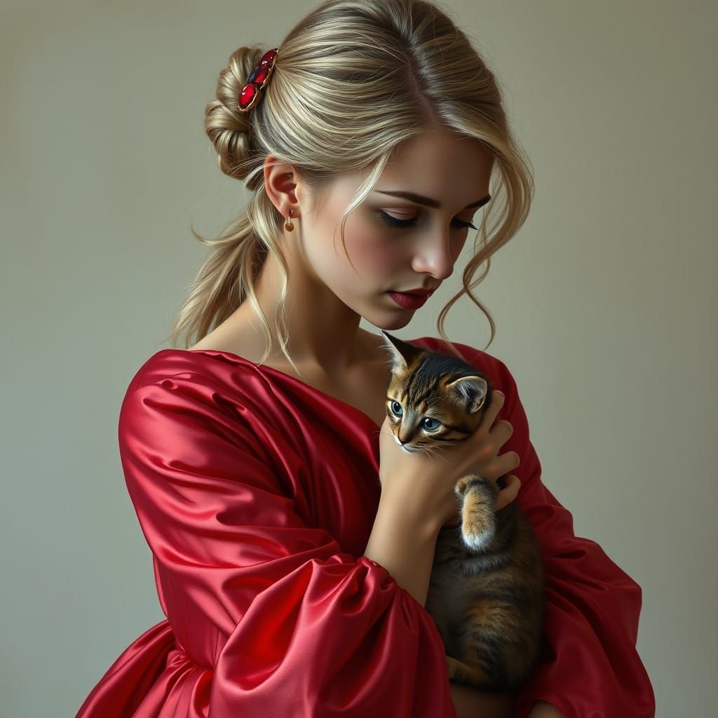 Elegant Blonde Woman with a Cat in a Dreamy, Hyperréaliste S...