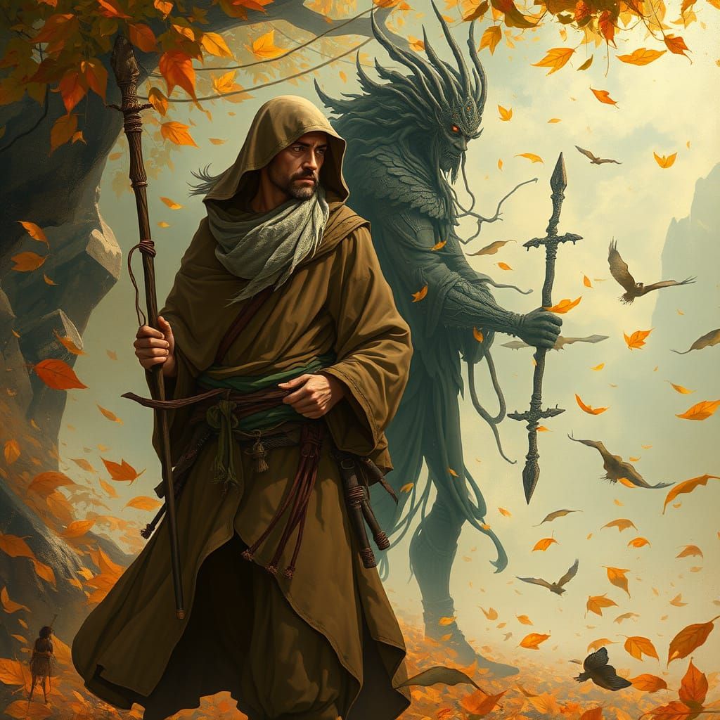 Mystical Wanderer with Supernatural Guide, Art Nouveau Style