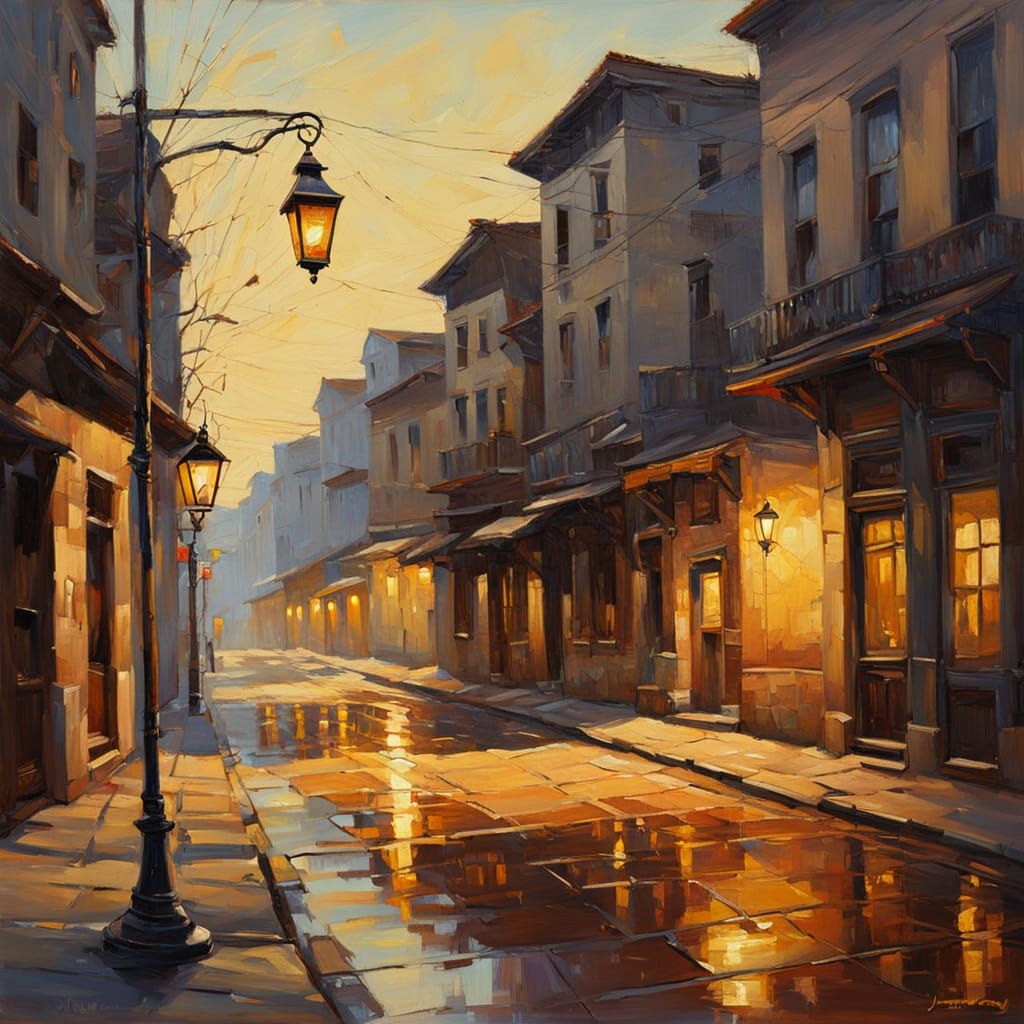 Lantern Light on Deserted Streets: An Oil Painting