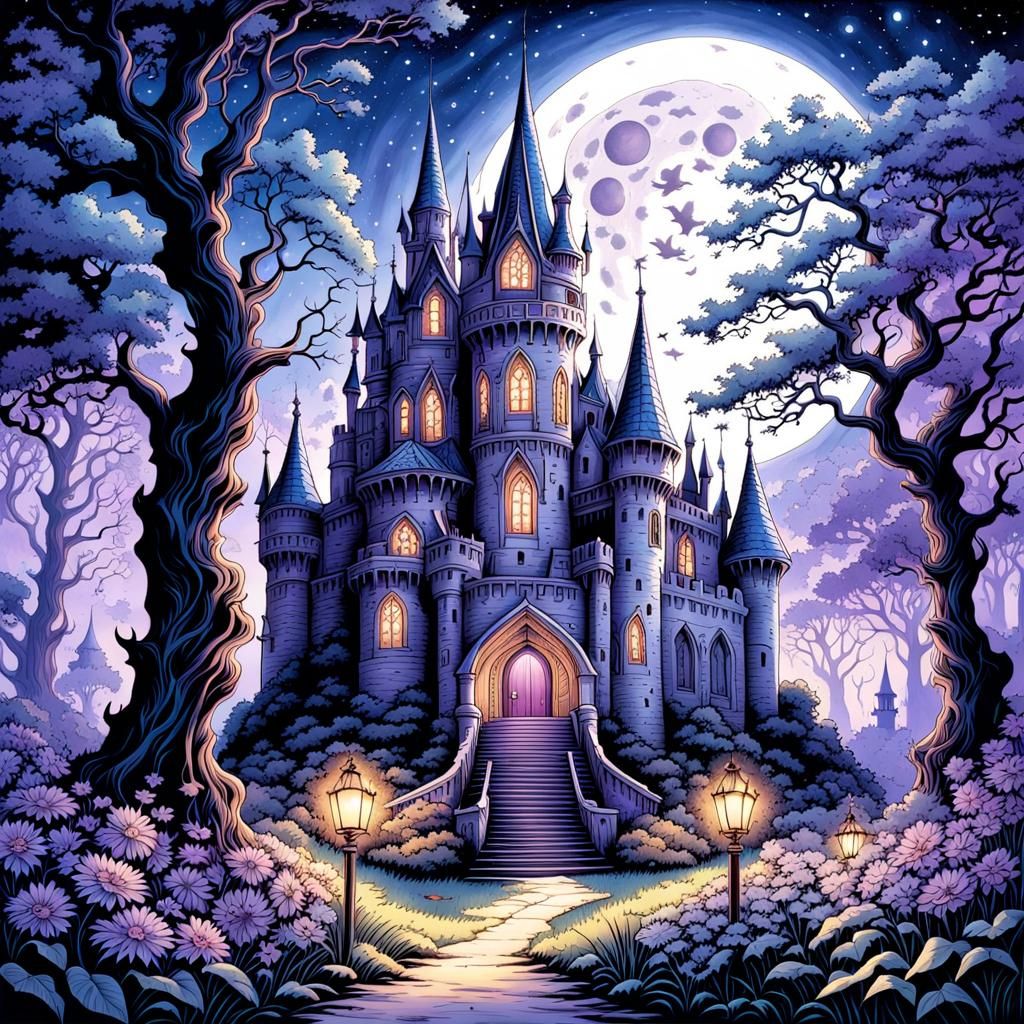 Gothic Castle Watercolor Painting with Twinkling Stars