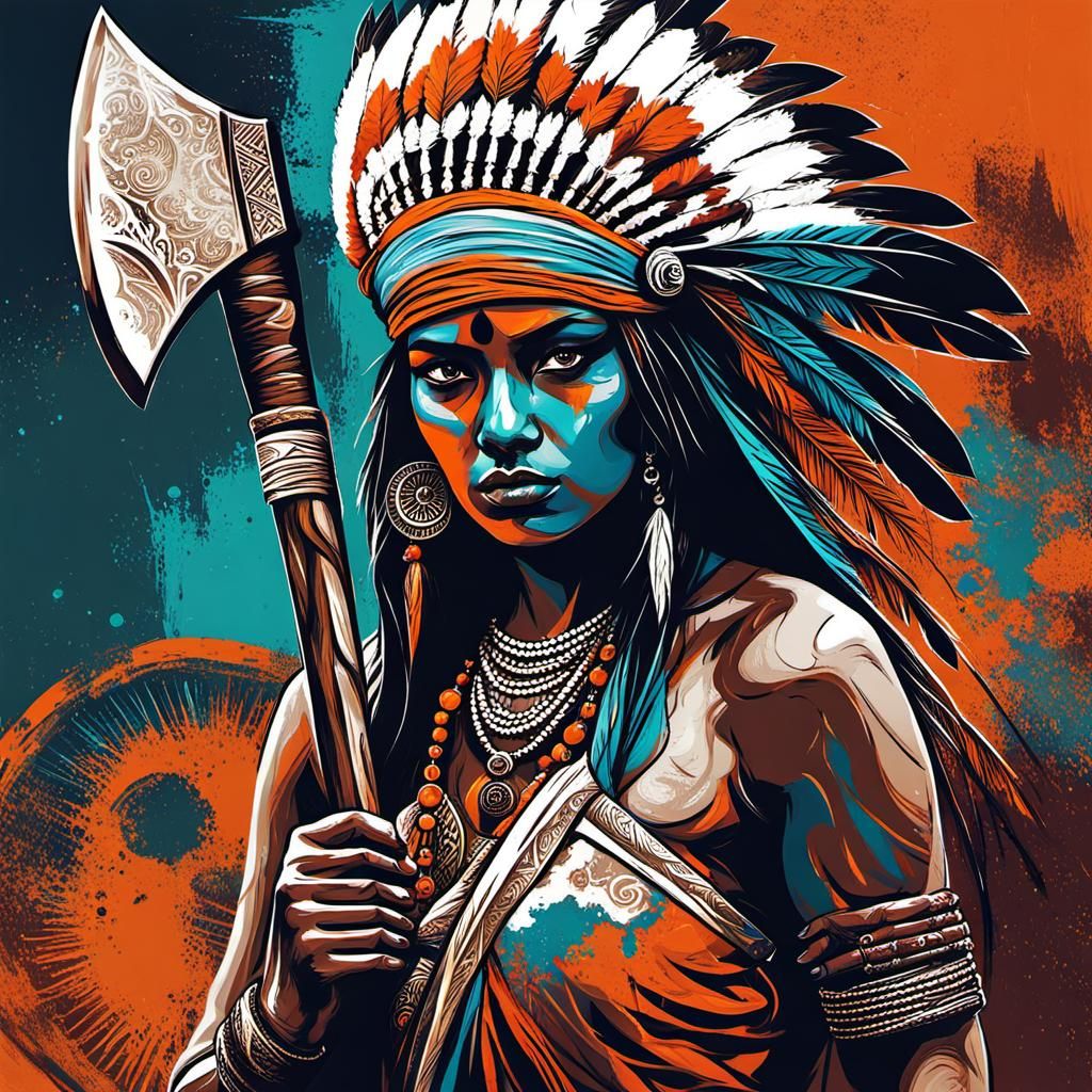 Indigenous Girl with Tomahawk in Abstract Art Style