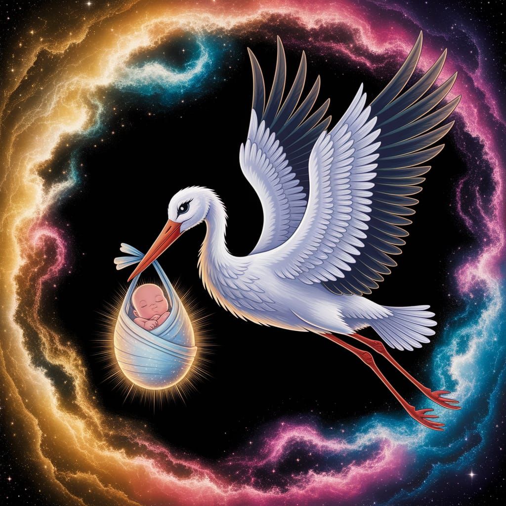 Stork Soars Through Celestial Cosmos with Newborn Bundle
