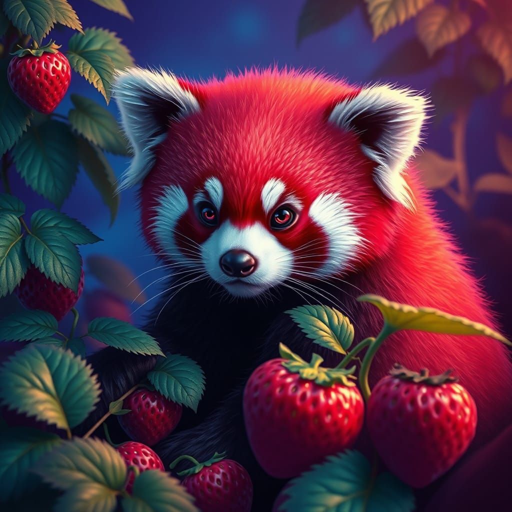 Whimsical Strawberry Panda in Mystical Forest