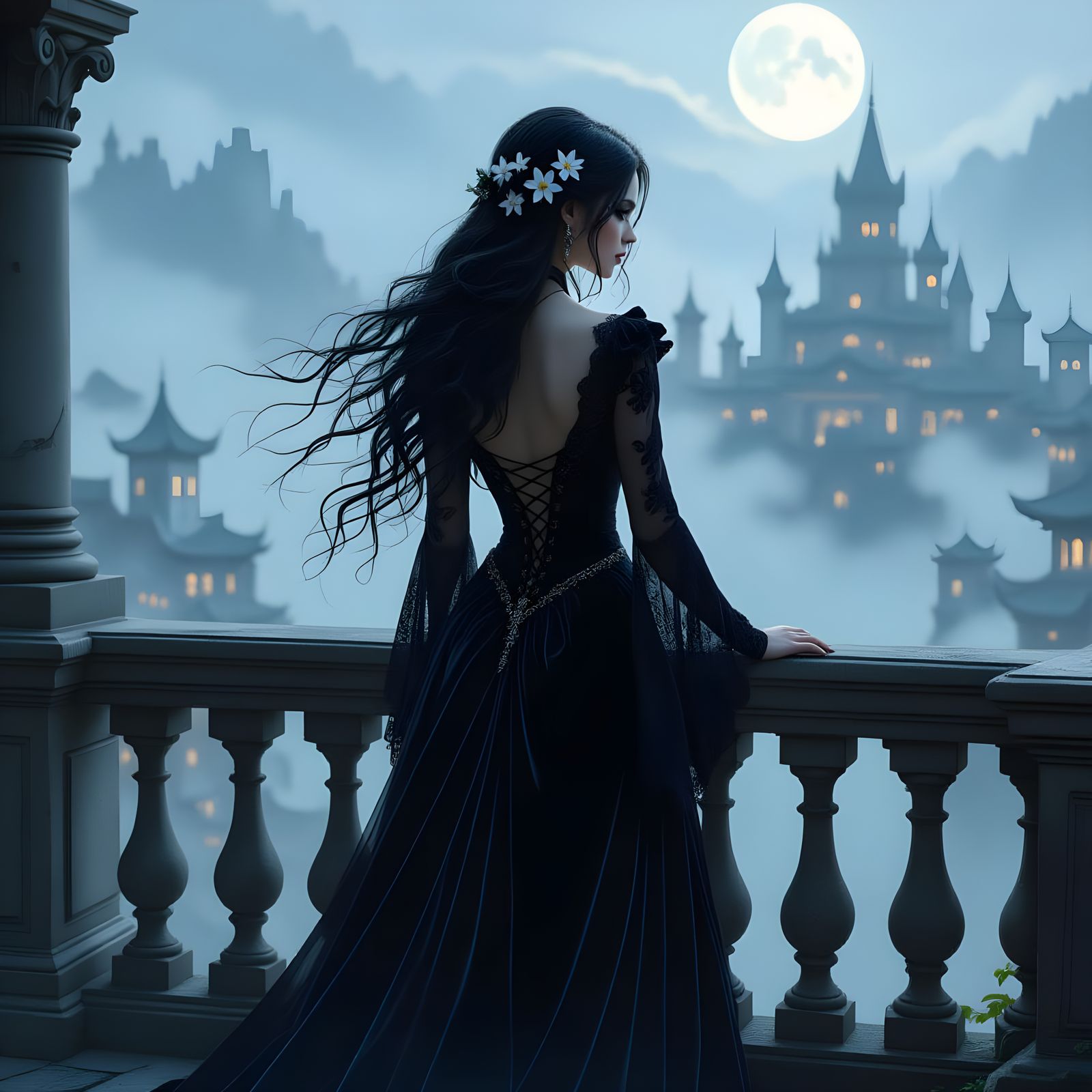 Gothic Woman Overlooking Ancient City in Matte Painting Styl...