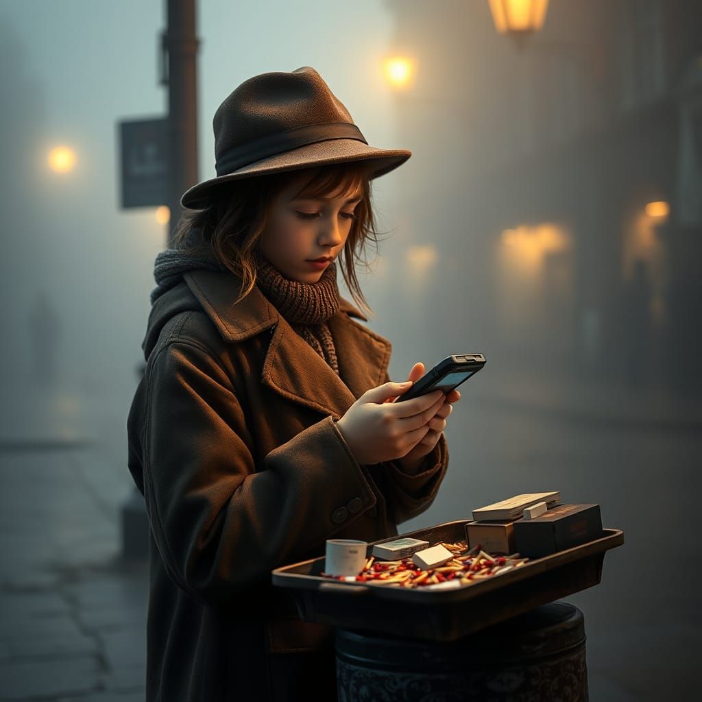 Girl Selling Matches with Card Reader, Atmospheric Art