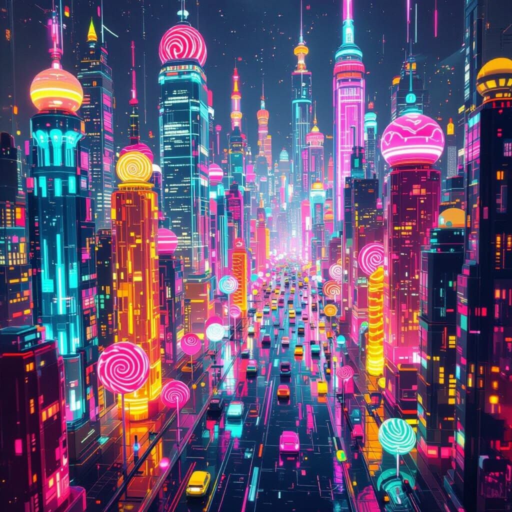 Candy Metropolis: A Neon-Lit Futuristic Cityscape